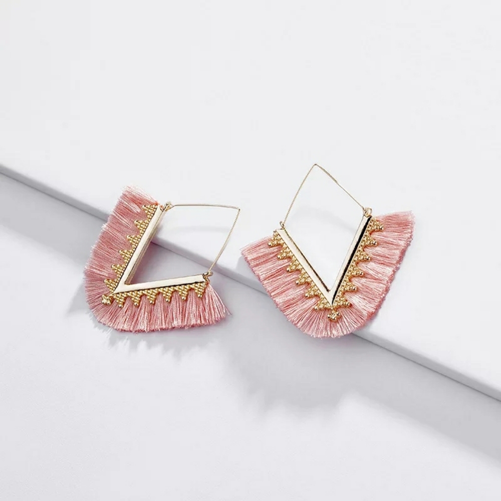 New Pink and Gold Fringe Triangle Earrings